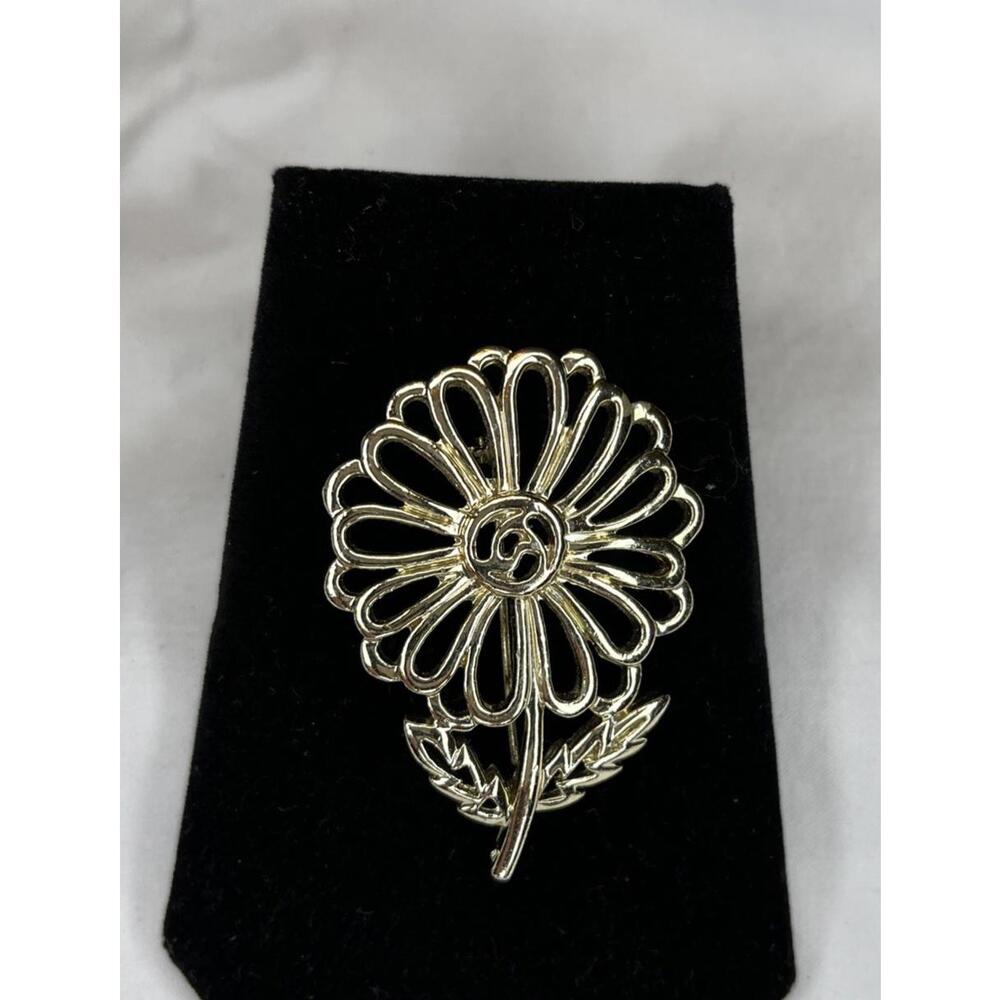Gold Toned Flower Brooch 2"   Stamped AJC EUC